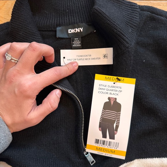 DKNY Womens Striped Quarter Zip Sweater Black White Mock Neck Medium NWT - Picture 6 of 7